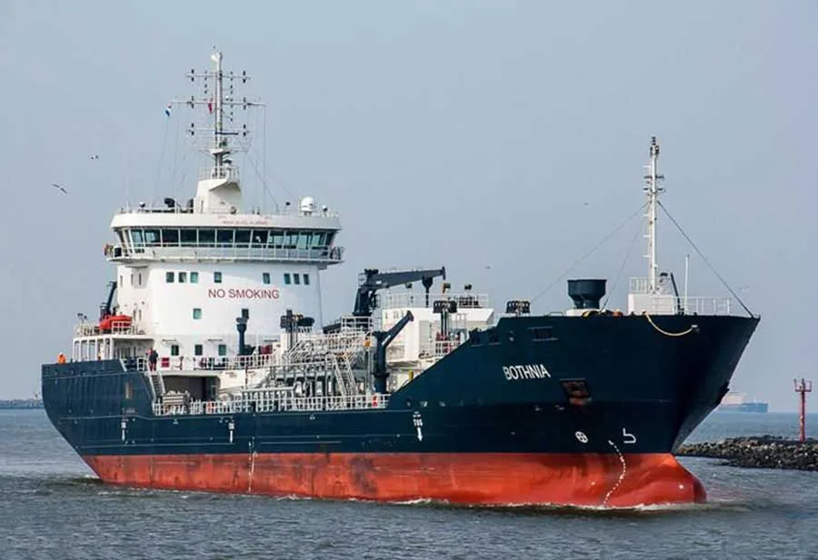 M/T Bothnia, 8,933 DWT chemical tanker, idle in calm water — prepared for cargo transfer.
